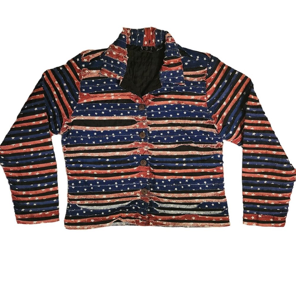 Medium American Flag Striped Jacket Ragged Stars Button-Up Patriotic NDS New Dir